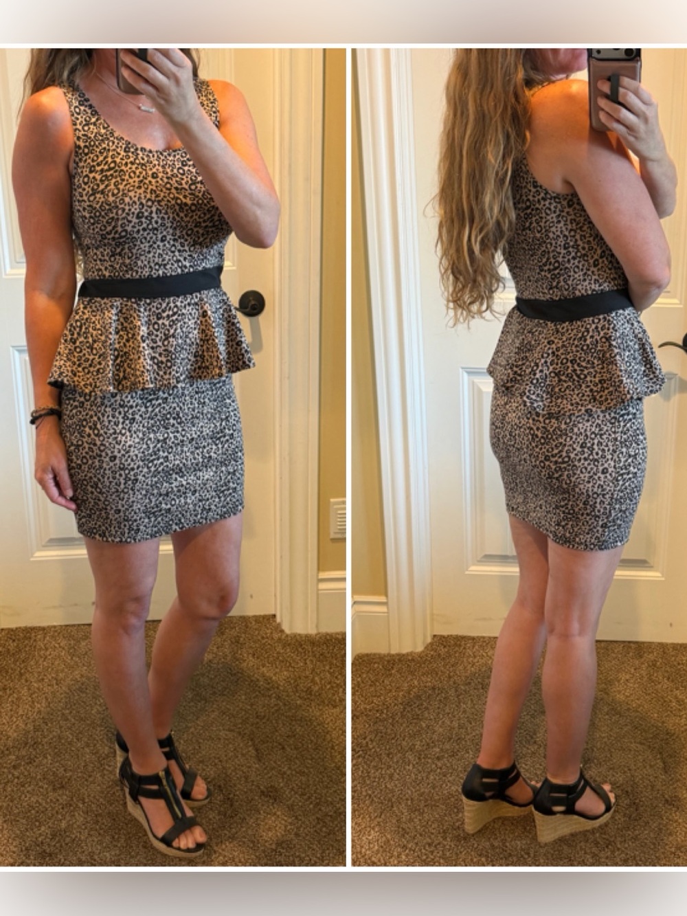 Brat Star Leopard Print Peplum Bodycon Mini Cocktail Dress Brown Black Size S M